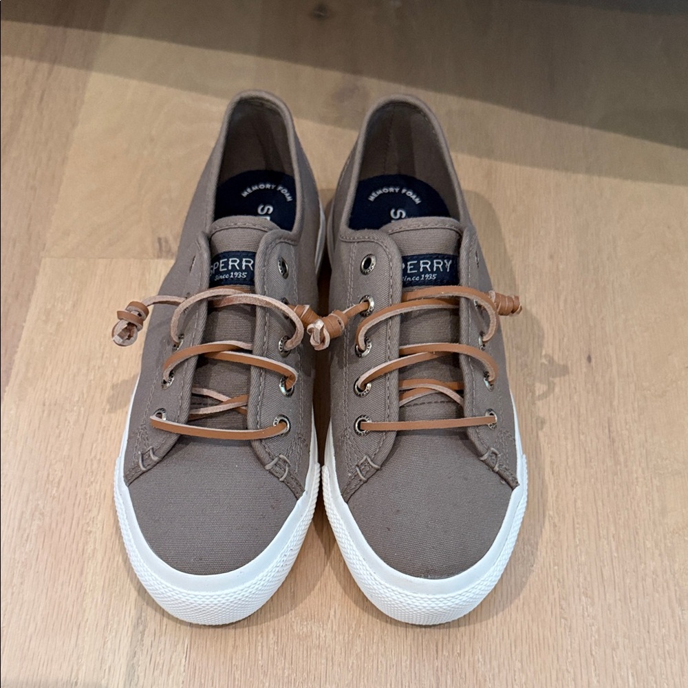 Women Sperry Brown Canvas Boat Shoes with Tan Leather Laces